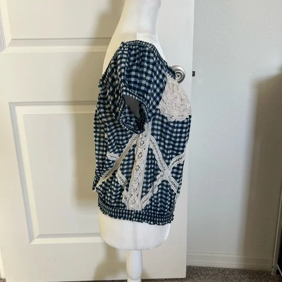 EUC Free People Blue Gingham Off-Shoulder Top Small / Medium - Picture 7 of 11